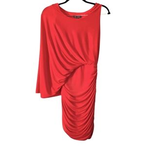 *Flawed* Gracia Mendocino Asymmetrical Coral Draped Shoulder Ruched Mini Dress